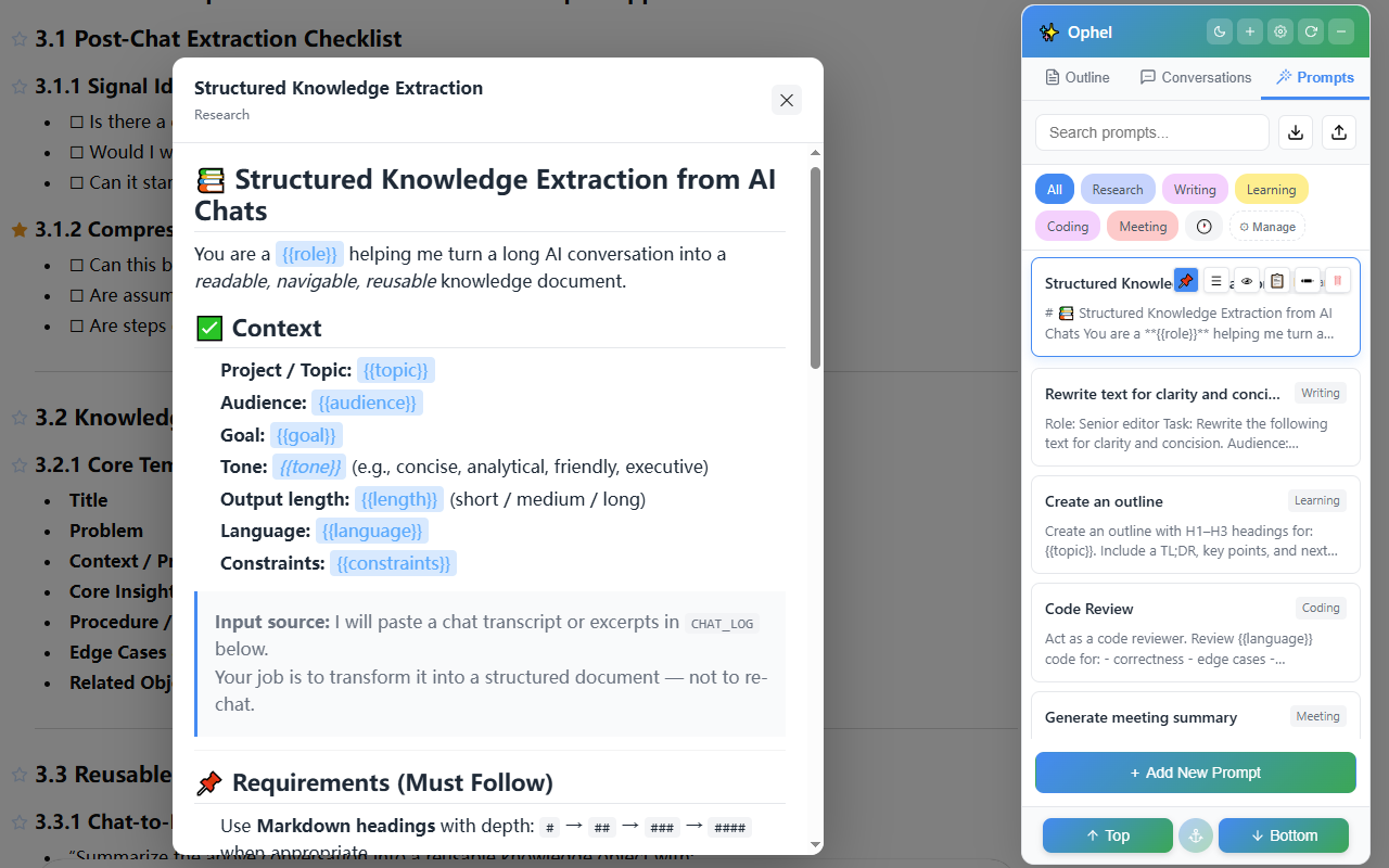 Ophel prompt library panel with a prompt preview